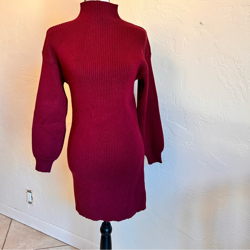 Line and Dot Burgundy Knit Turtleneck Sweater Dress